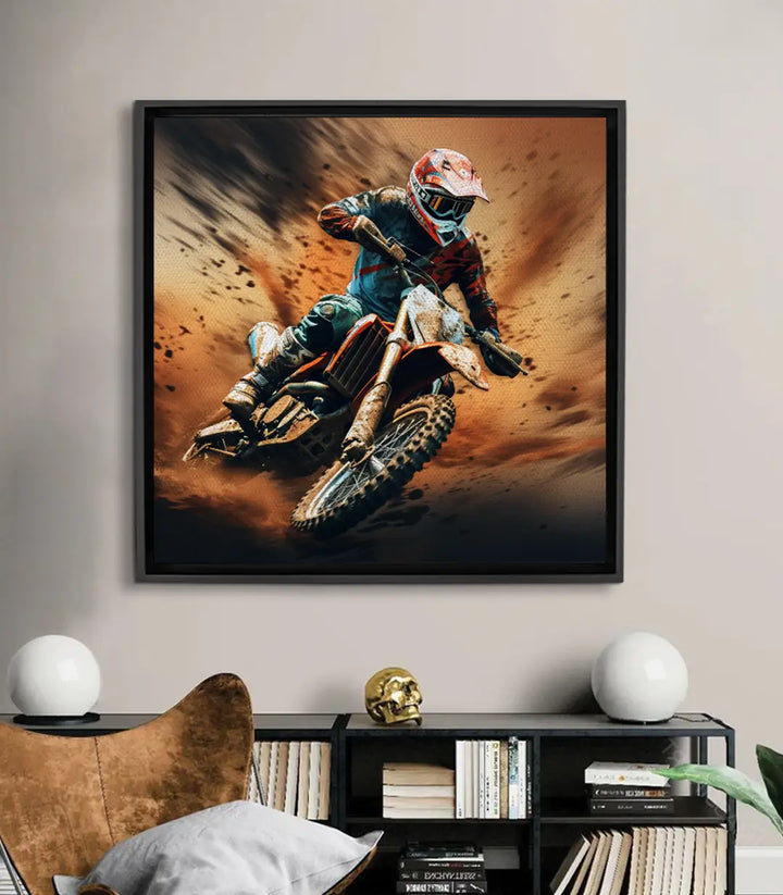 Cuadro Dust Runner motocross desierto — piloto en acción con polvo ocre, fotografía de arte Massinart