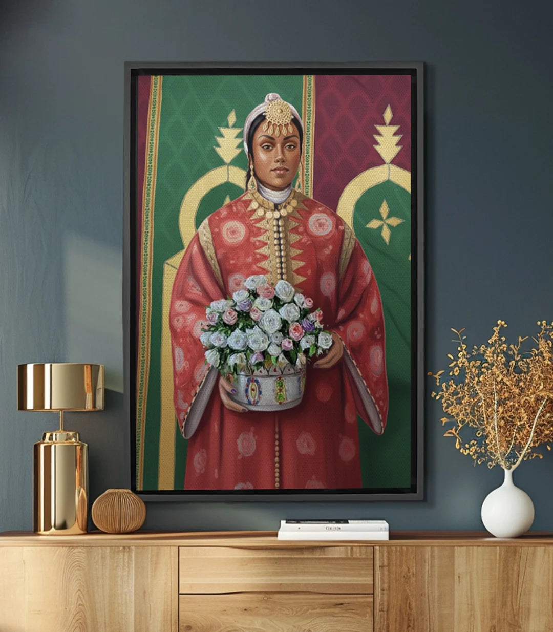 Cuadro retrato mujer marroquí novia vestido rojo flores Massinart