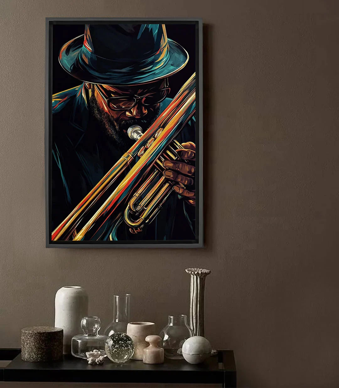 Cuadro Jazz Whispers retrato músico trompeta dorado fondo negro estilo expresionista Massinart