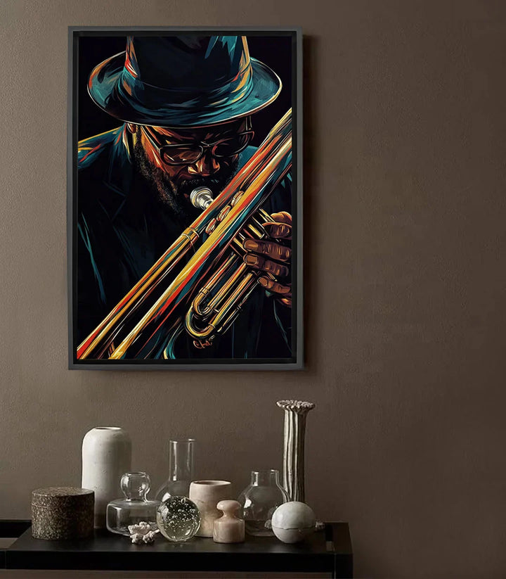 Cuadro Jazz Whispers retrato músico trompeta dorado fondo negro estilo expresionista Massinart