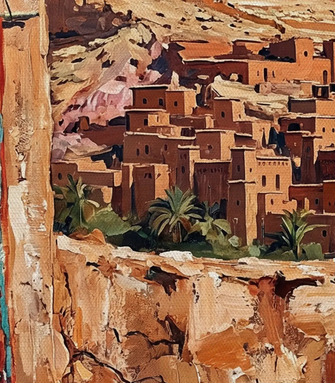 Salón con decoración oriental y cuadro Red Kasbah, ambiente cálido y auténtico, Massinart
