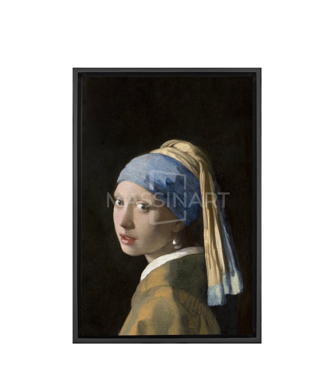 Cuadro La Joven de la Perla, retrato clásico mujer con turbante azul y perla, Massinart