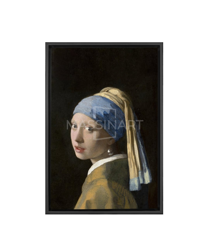 Cuadro La Joven de la Perla, retrato clásico mujer con turbante azul y perla, Massinart