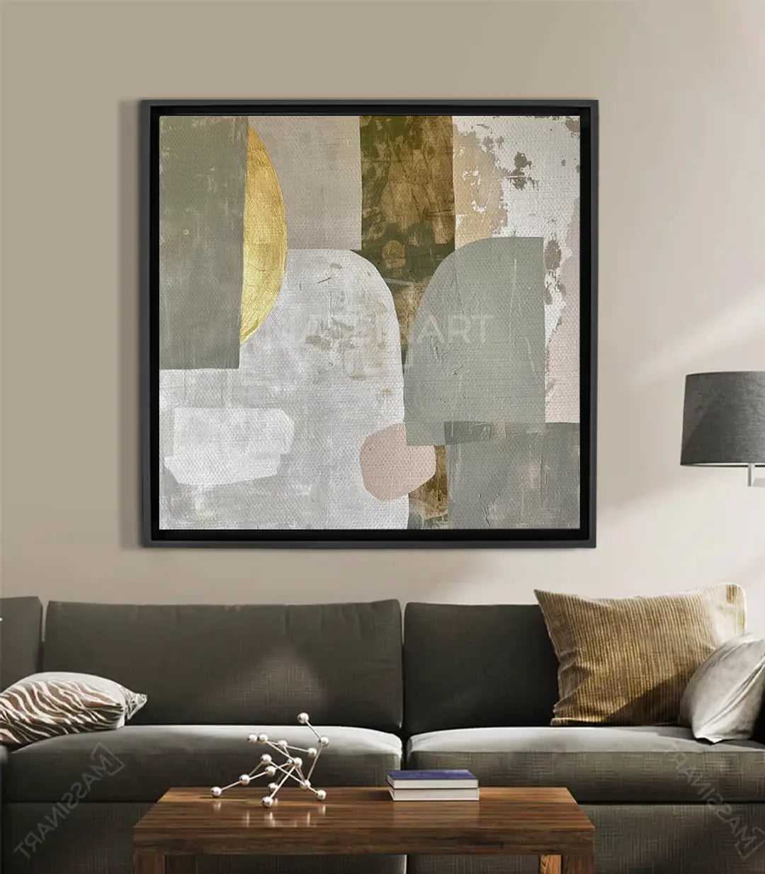 Cuadro Still Layers abstracto cuadrado, formas geométricas en blanco, dorado y taupe — Massinart