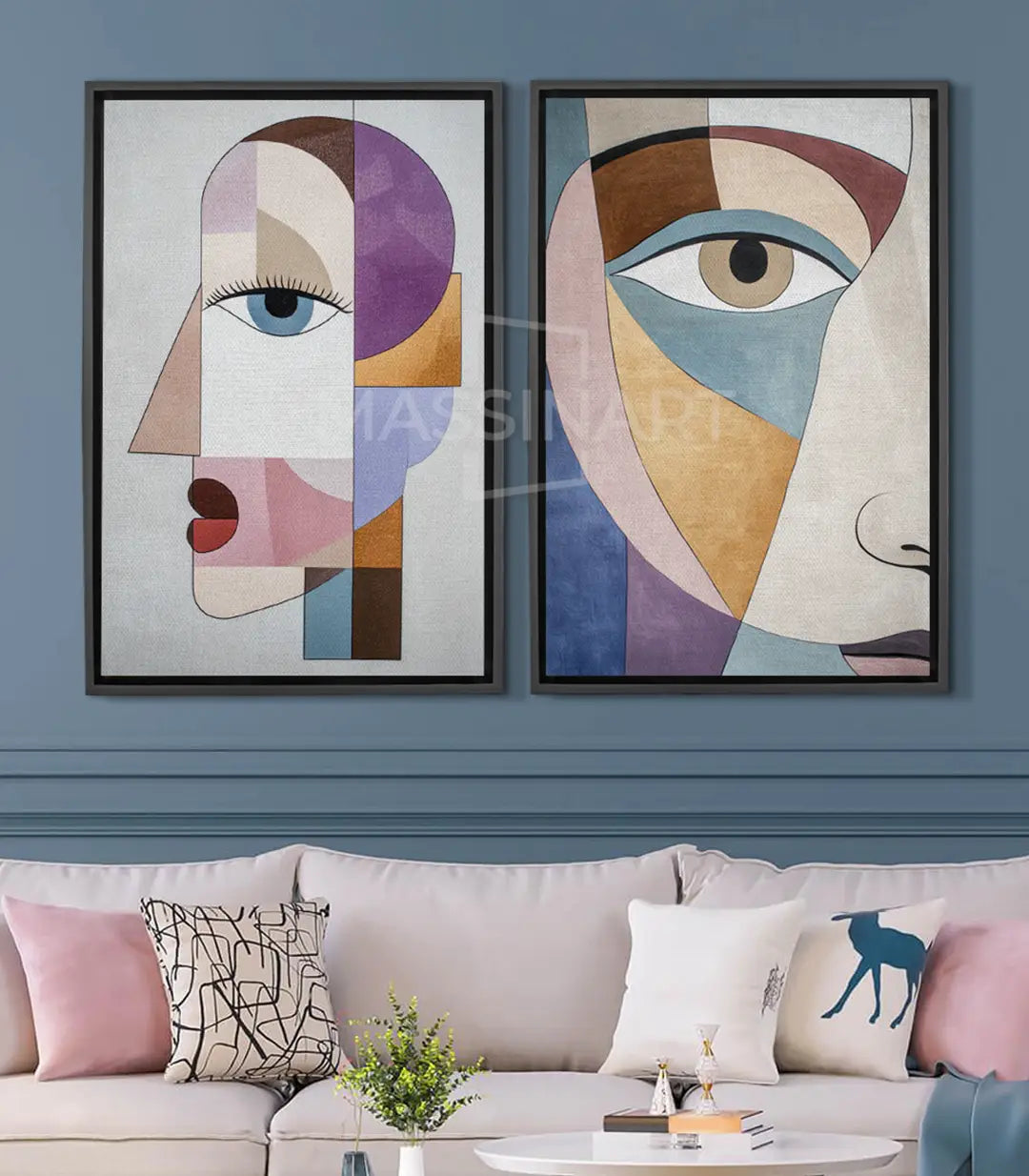 Cuadro Cubic Stare díptico — rostros cubistas multicolores con ojos estilizados, arte mural moderno Massinart