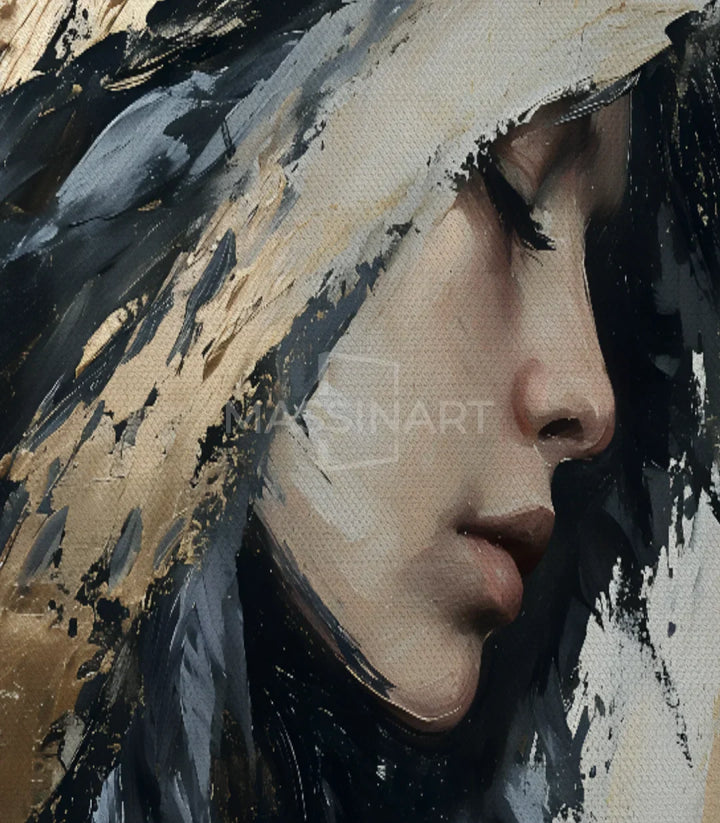 Cuadro Insight con marco negro en comedor moderno, retrato artístico contemporáneo, Massinart