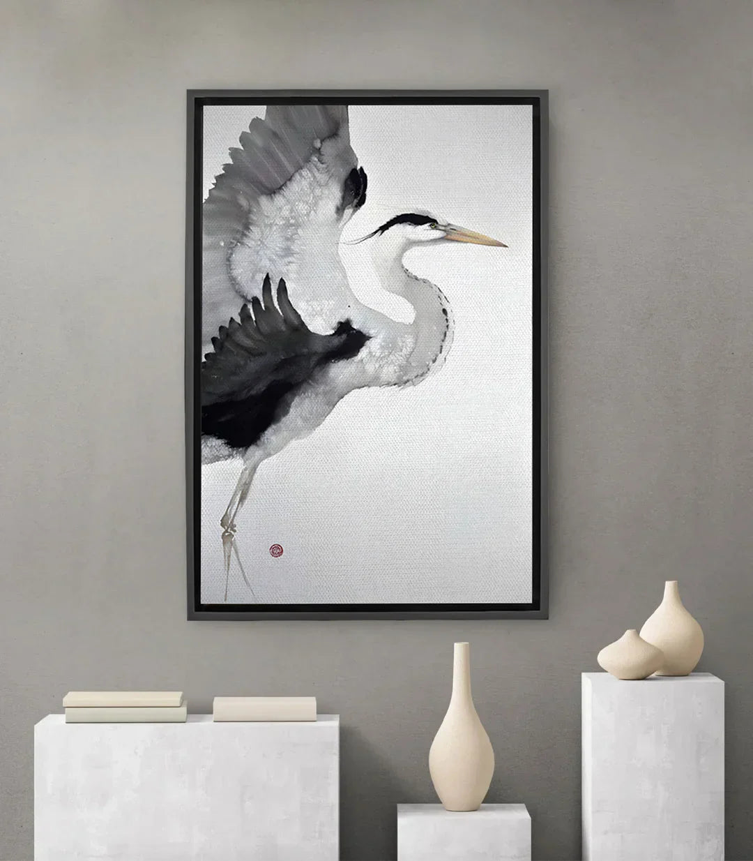 Cuadro garza elegante en blanco y negro, perfil minimalista Massinart