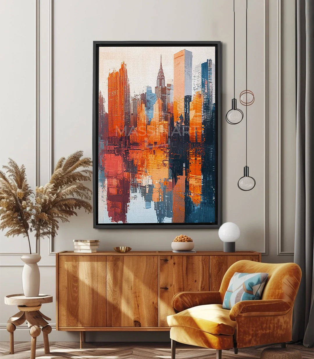 Cuadro Reflejos Urbanos Massinart — skyline expresionista en azul y naranja