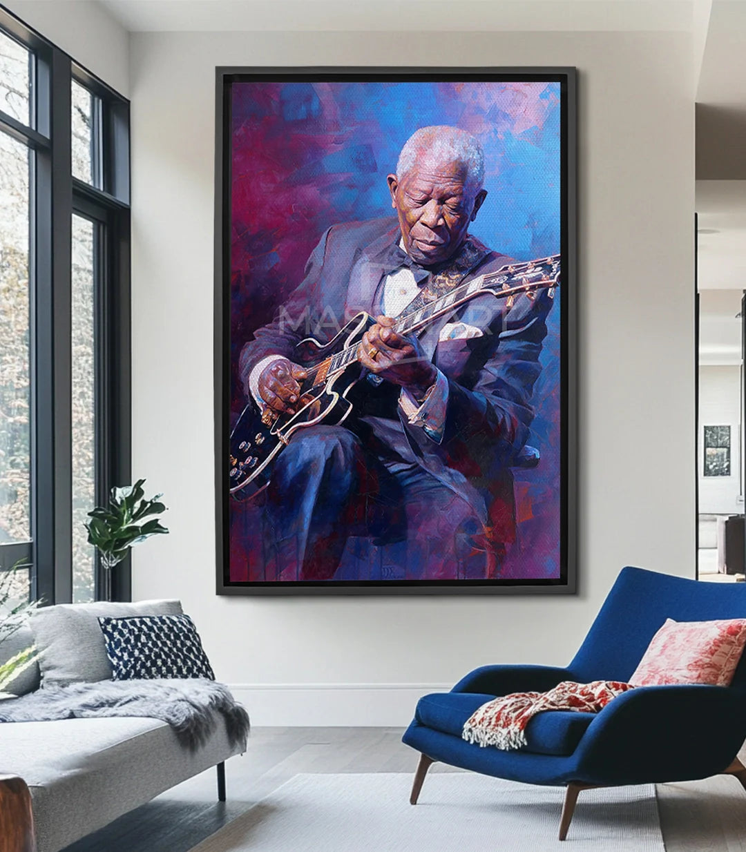 Cuadro Maestro Of Strings — retrato expresionista de músico de jazz con guitarra, fondo azul y rosa | Massinart