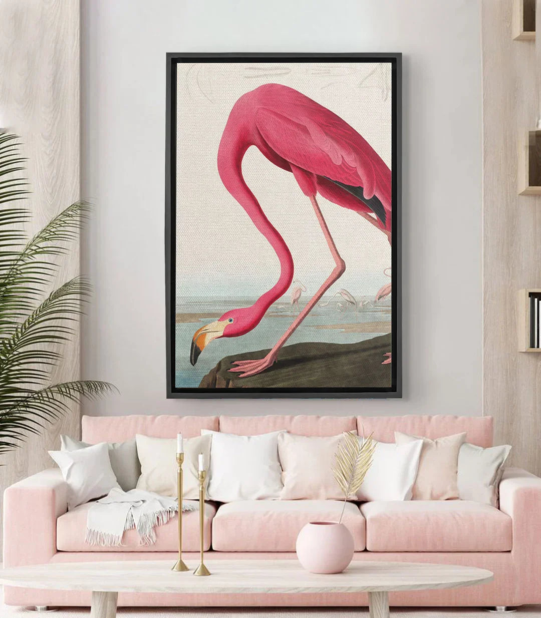 Cuadro flamenco rosa ilustración vintage Massinart — ave exótica en tonos rosa y beige sobre fondo crema