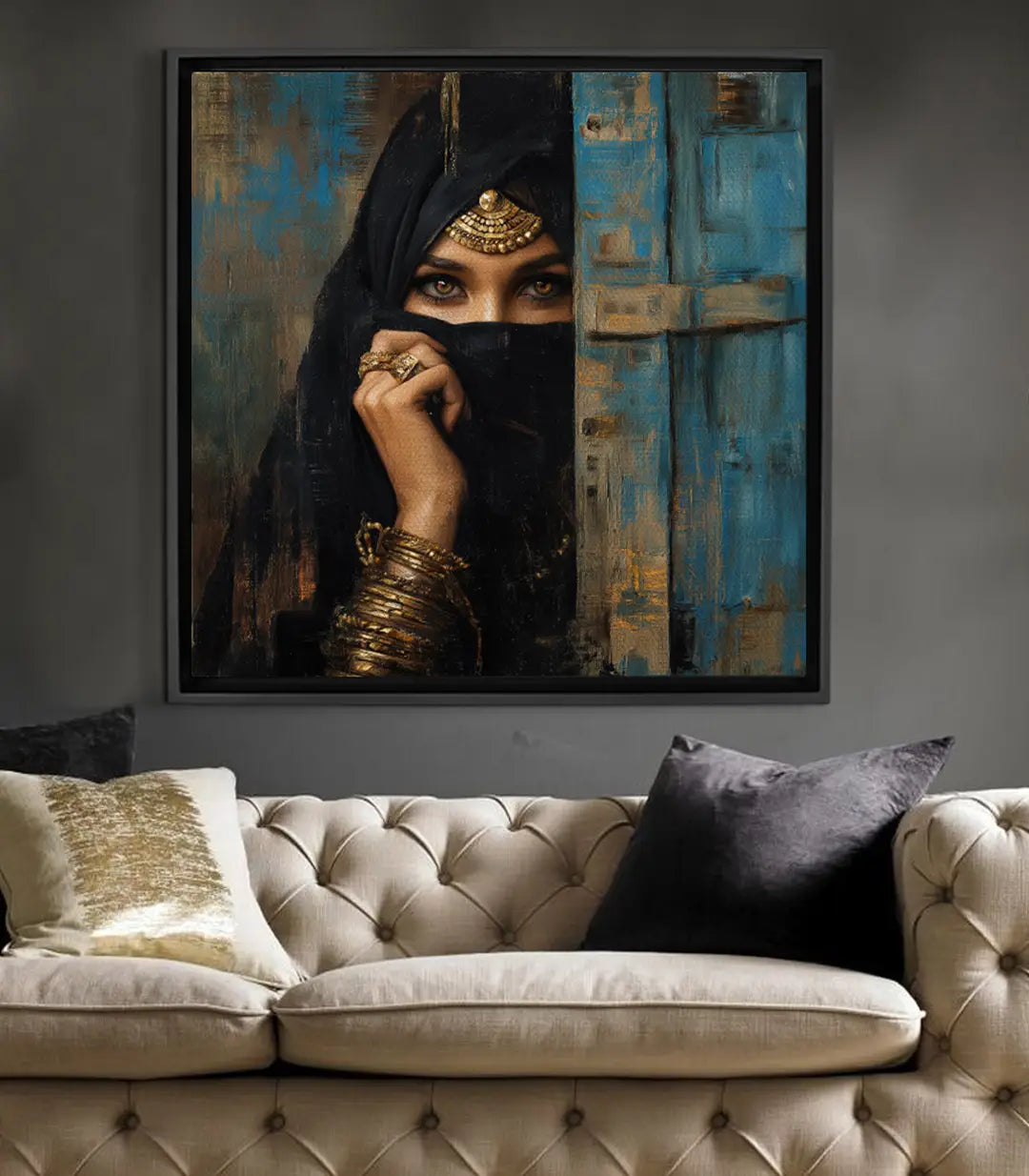 Cuadro Eastern Gaze retrato mujer con velo tonos negro dorado y azul — Massinart