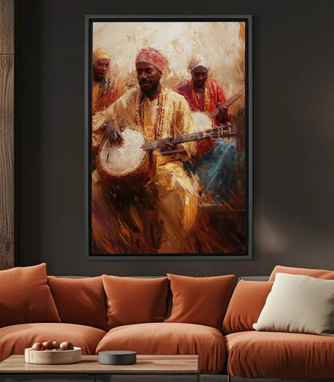 Cuadro Gnawa Spirit — músicos marroquíes con instrumentos tradicionales, tonos cálidos terracota y marrón