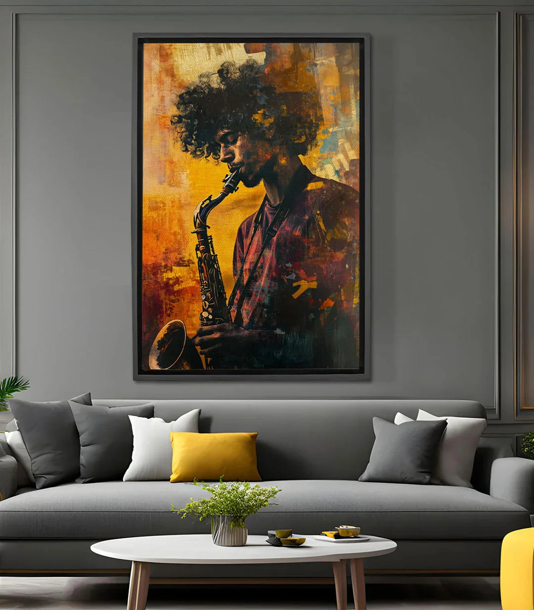 Cuadro Ethereal Jazzman - Retrato de saxofonista jazz sobre fondo amarillo ocre, estilo expresionista, Massinart