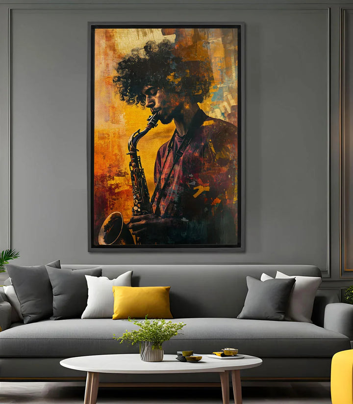 Cuadro Ethereal Jazzman - Retrato de saxofonista jazz sobre fondo amarillo ocre, estilo expresionista, Massinart