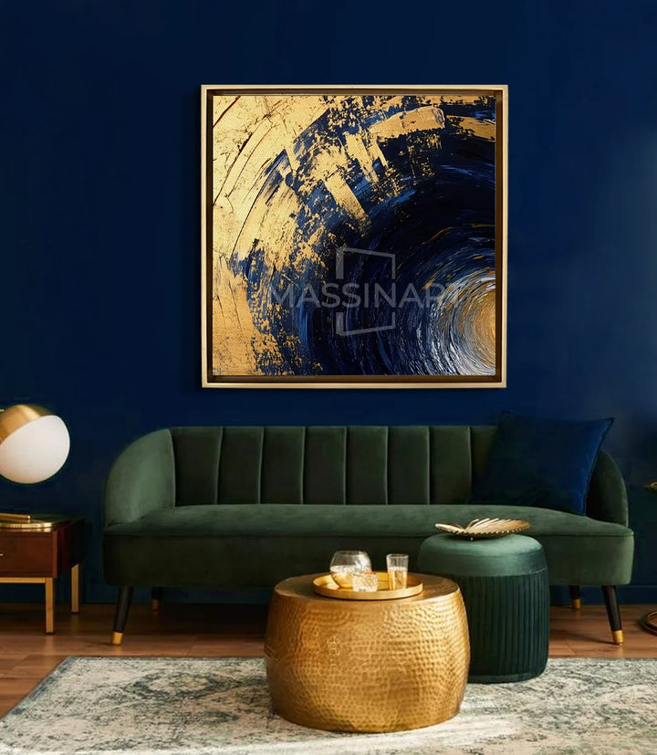 Detalle de paleta de colores — dorado, gris y negro del cuadro Golden Vortex, movimiento en espiral Massinart