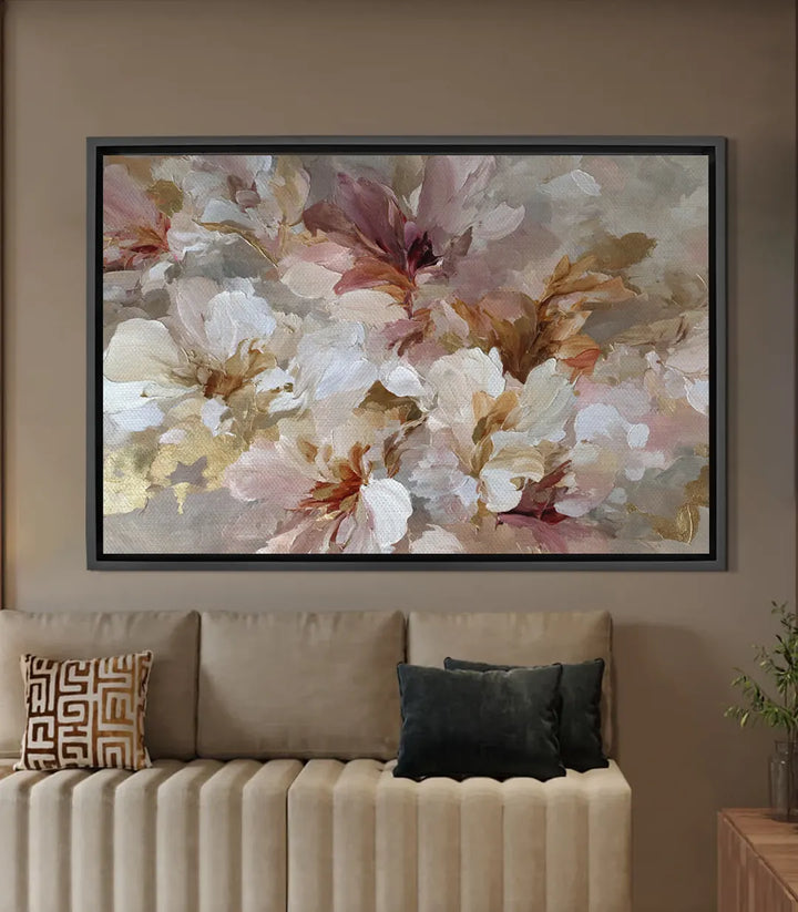 Cuadro Lush Serenity flores blancas acuarela rosa dorado — Massinart