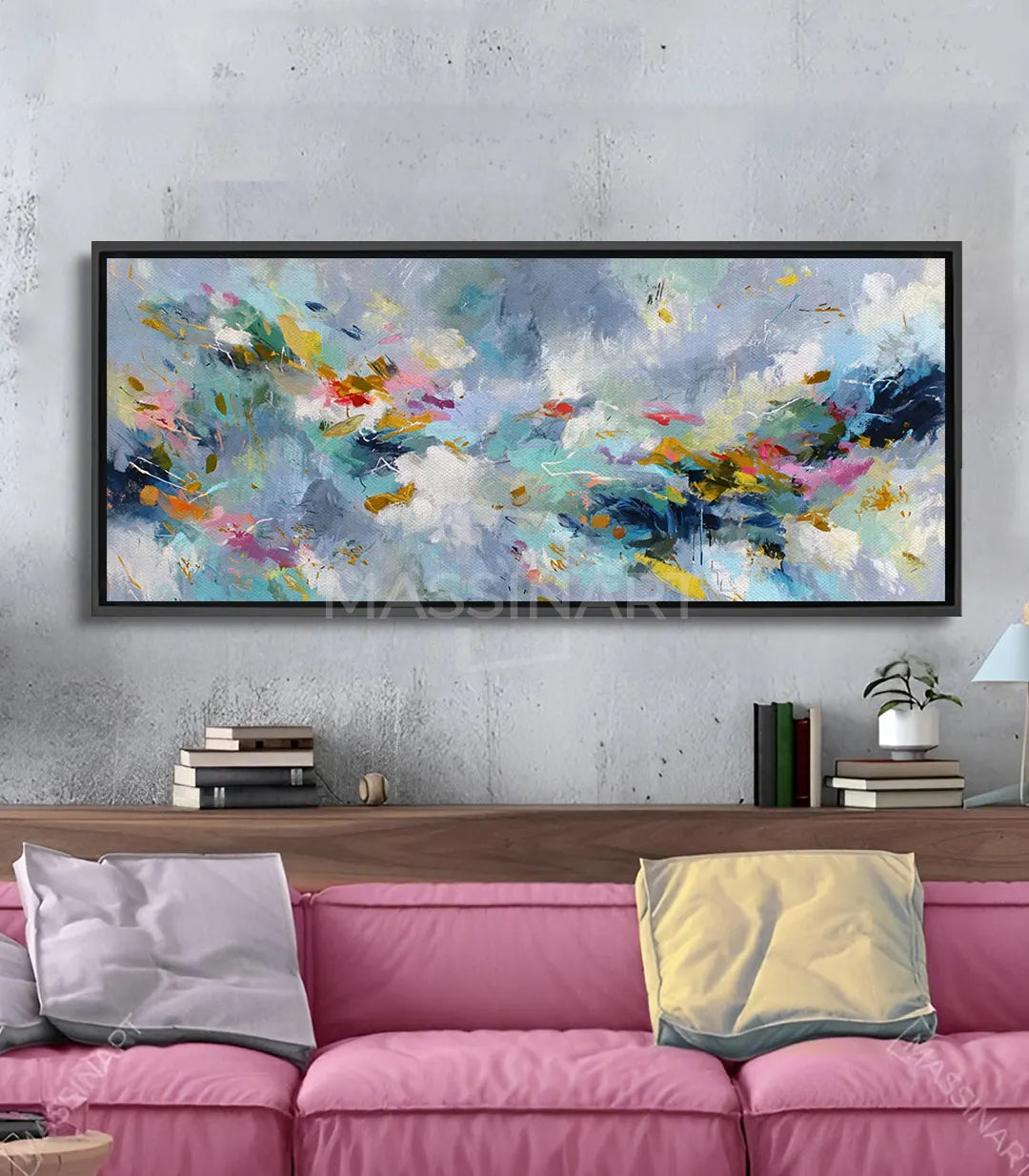Colorstorm – cuadro abstracto expresionista en azul, amarillo y rosa, formato panorámico
