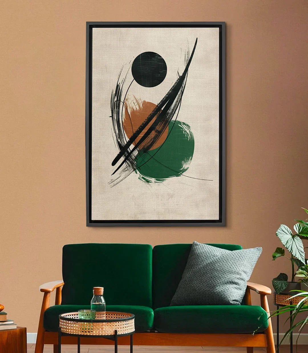 Cuadro abstracto Silent Motion — formas geométricas en negro, beige y verde sobre fondo claro — Massinart