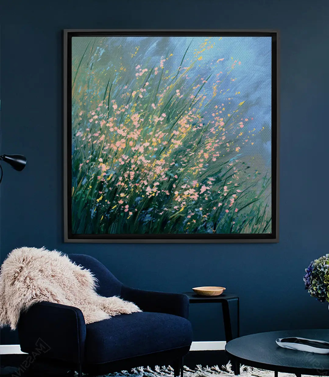 Cuadro expresionista campo de flores silvestres en azul y dorado — Massinart