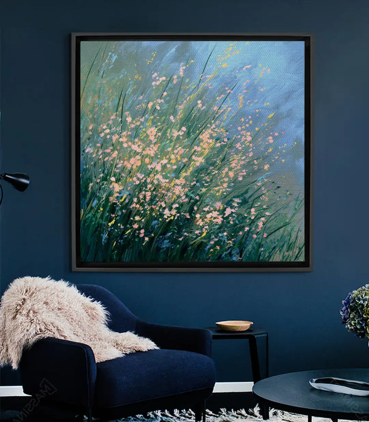 Cuadro expresionista campo de flores silvestres en azul y dorado — Massinart