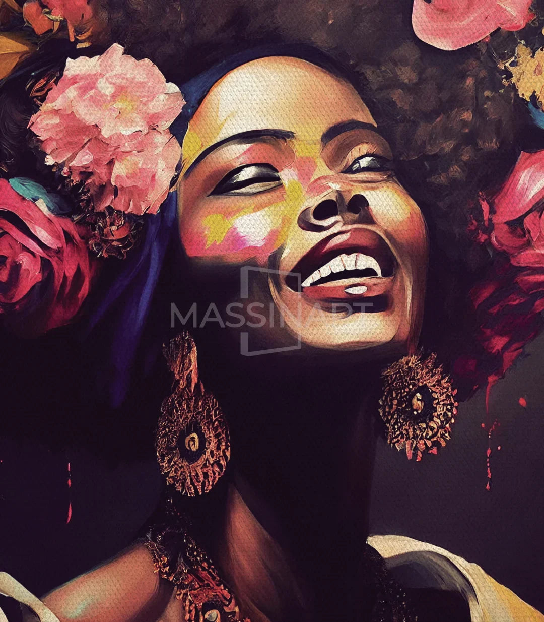 Salón con cuadro retrato africano colores vivos pop-art Massinart