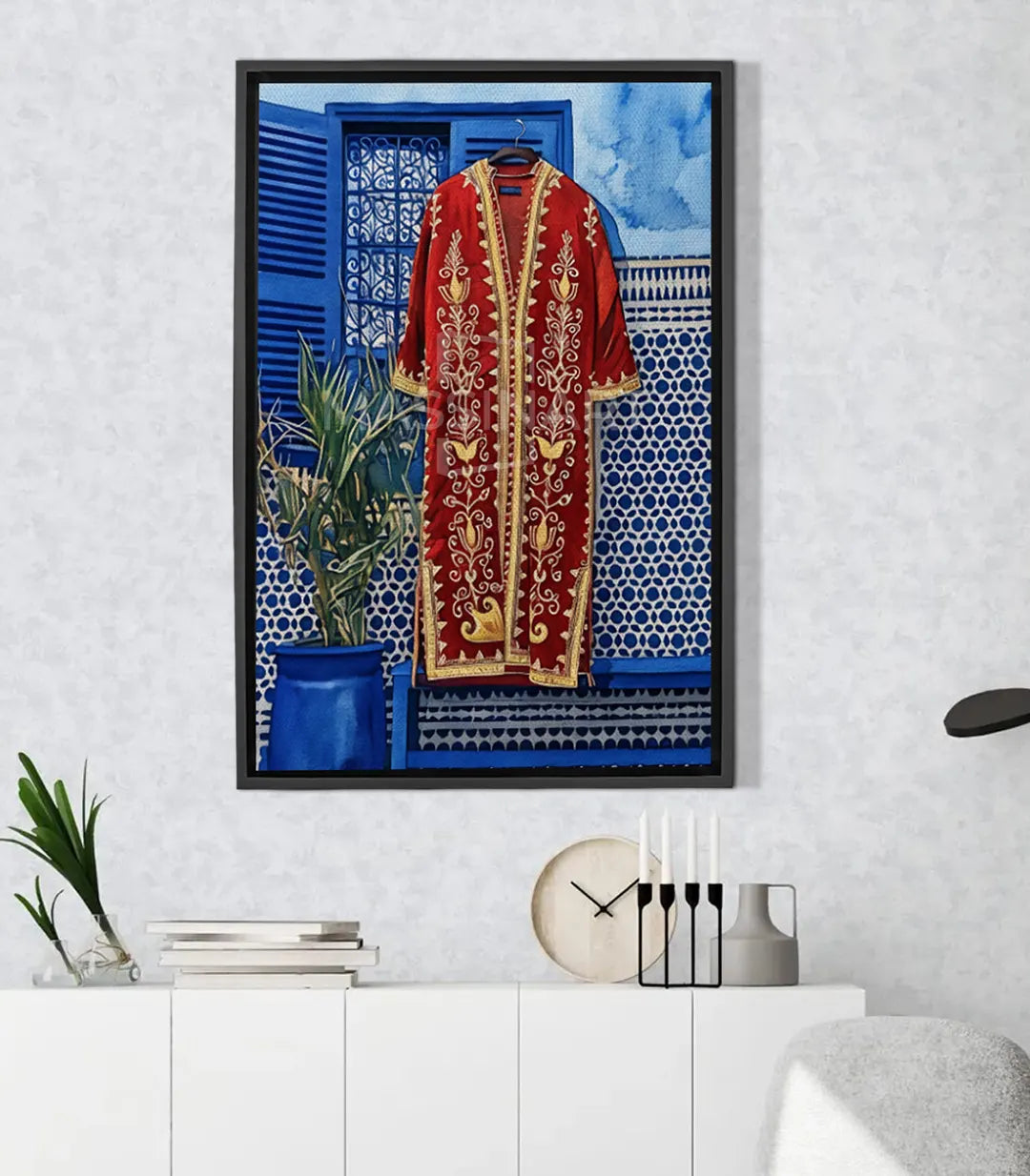 Cuadro decorativo Moroccan Caftan — ilustración figurativa de caftán marroquí en azul y rojo con motivos de zellige