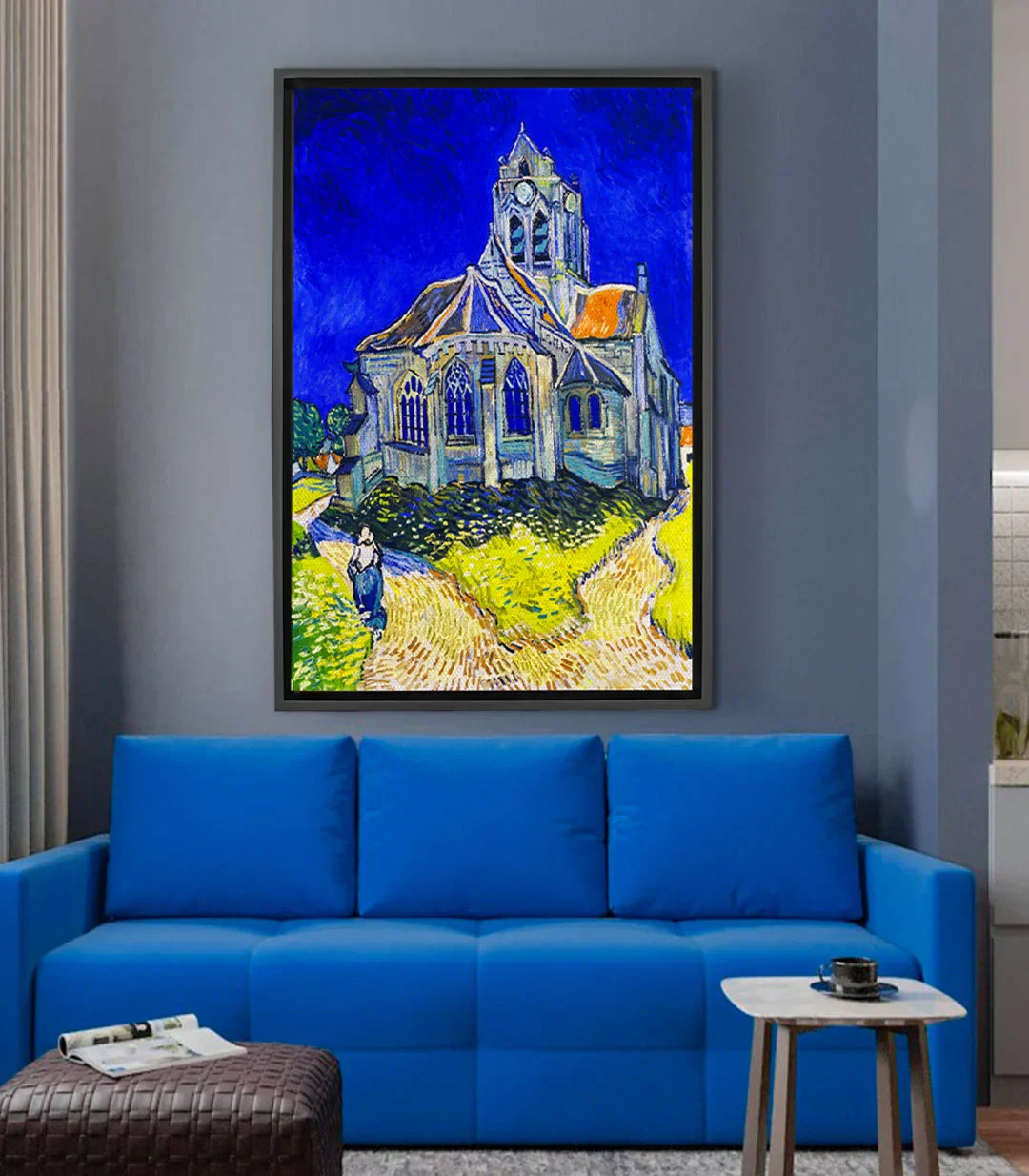 Ambientación salón moderno con cuadro nocturno de iglesia, decoración mural Massinart