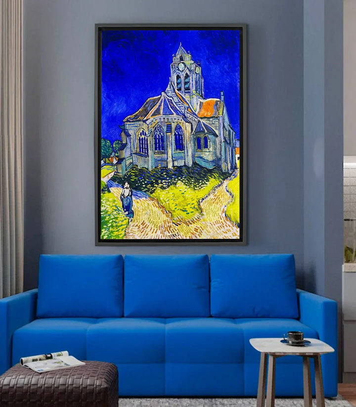Ambientación salón moderno con cuadro nocturno de iglesia, decoración mural Massinart