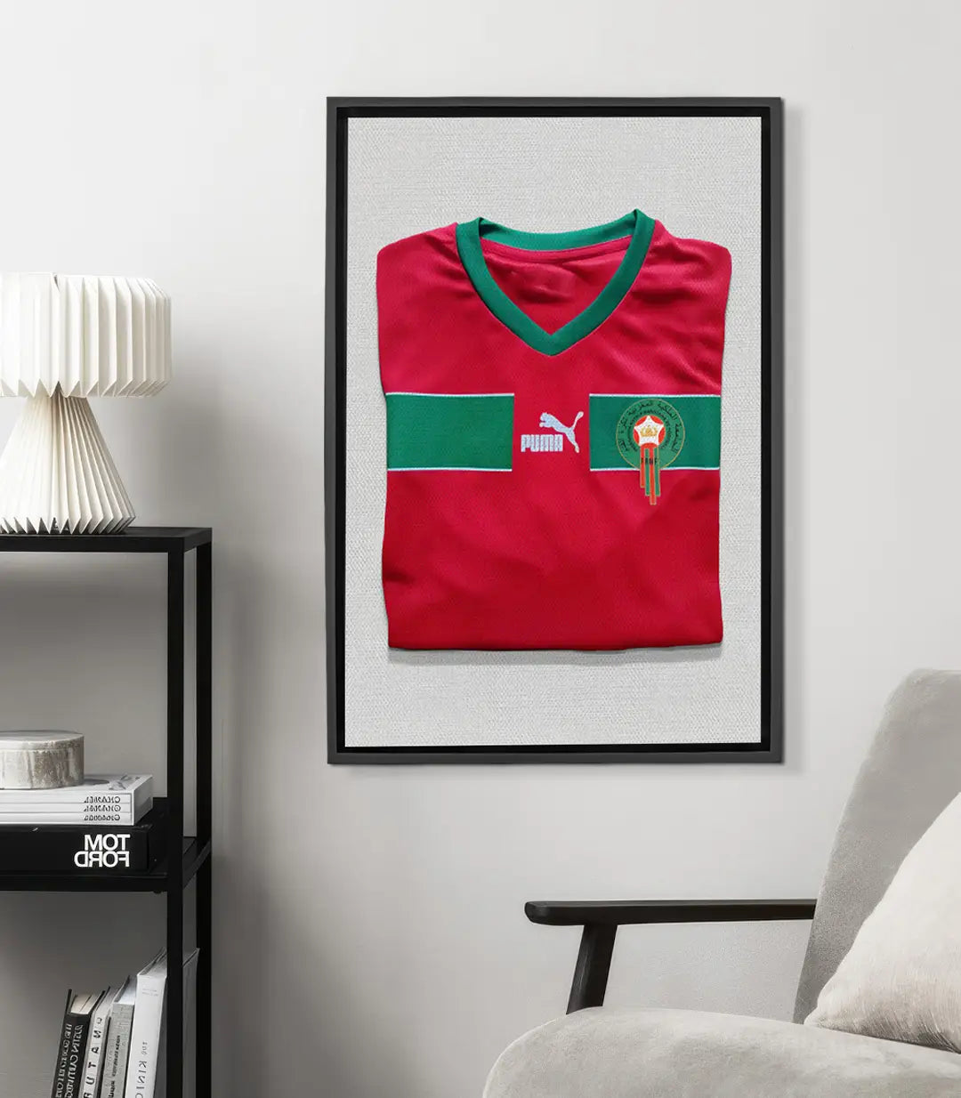 Cuadro camiseta fútbol Marruecos rojo y verde con escudo nacional, foto-arte Massinart
