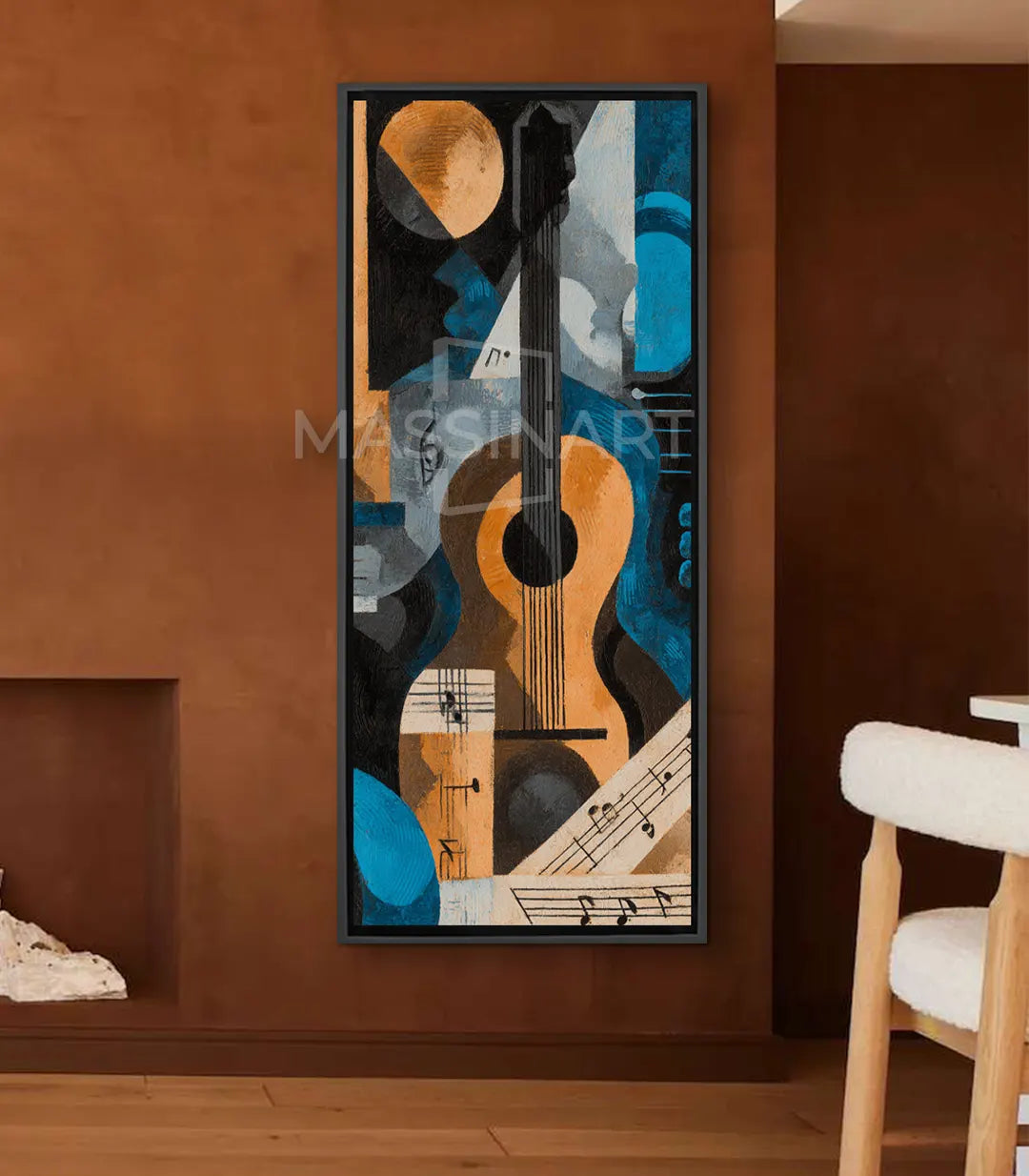 Cuadro abstracto de música Notes in Motion con tonos azules, dorados y marrones, estilo contemporáneo