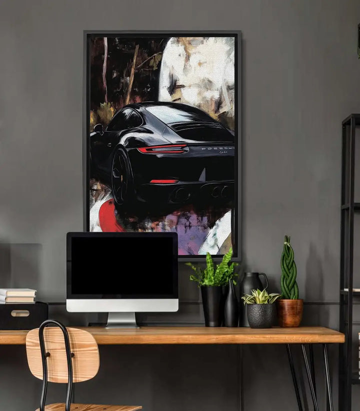 Cuadro Porsche negro deportivo con fondo urbano expresionista, estilo contemporáneo — Massinart