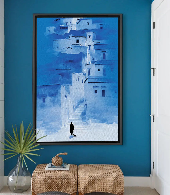 Cuadro Blue Ascent Massinart — arquitectura blanca y escalera en tonos azules