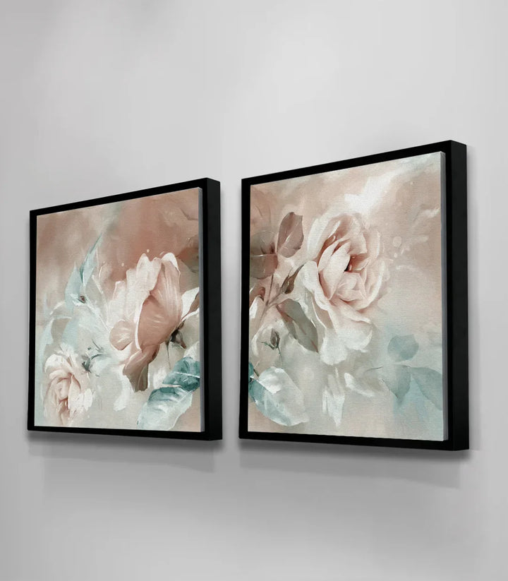 Cuadro Bloom díptico en salón moderno — iluminación natural que realza los tonos suaves, Massinart