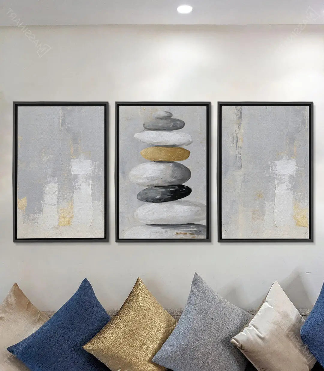 Cuadro abstracto gris y dorado panel izquierdo tríptico Zen Stones Massinart