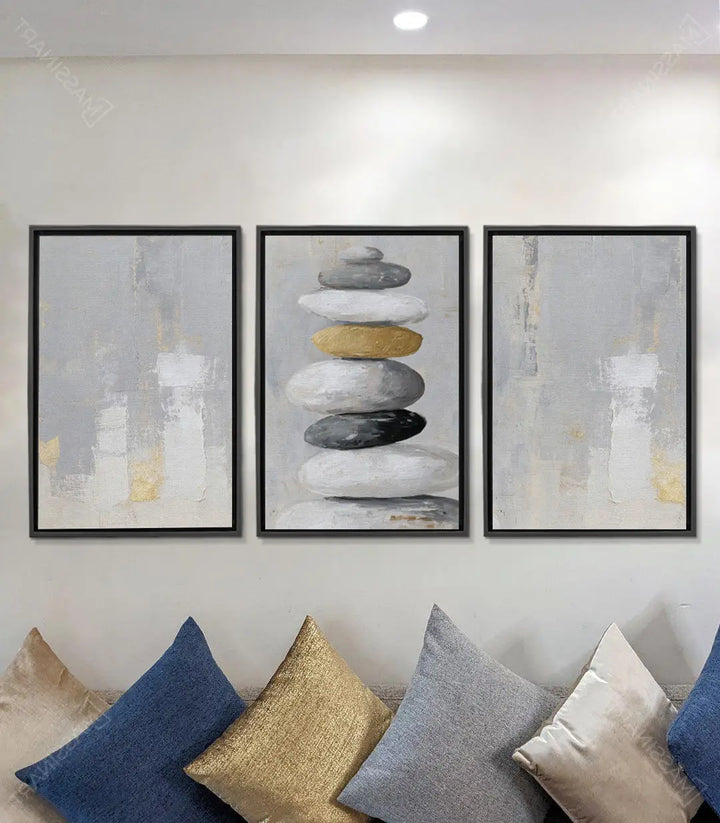 Cuadro abstracto gris y dorado panel izquierdo tríptico Zen Stones Massinart