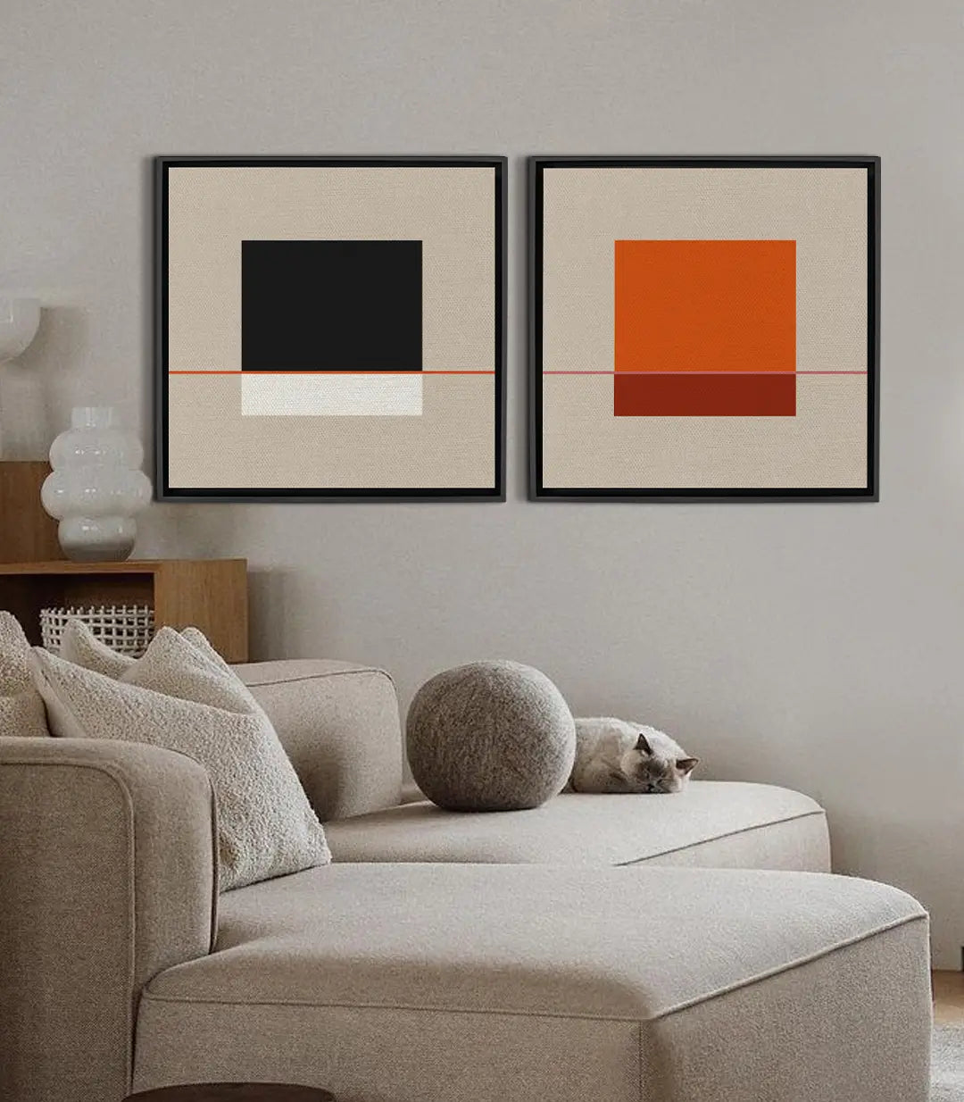 Cuadro Equilibrio Lineal díptico minimalista con cuadrados negros y blancos sobre fondo beige — Massinart