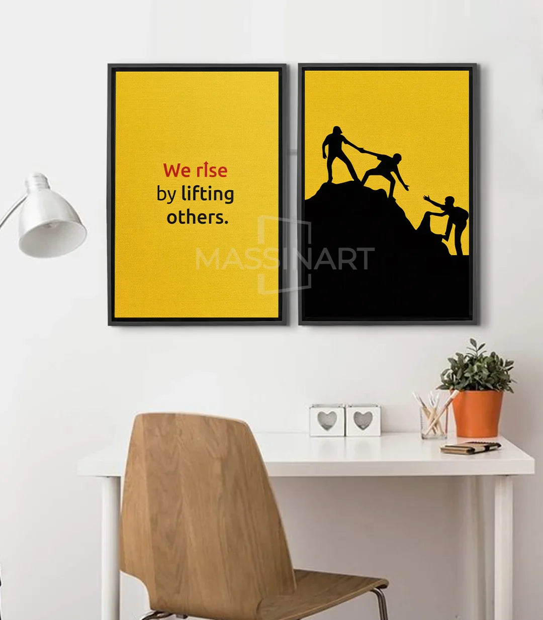 Cuadro Push Upward díptico — diseño minimalista amarillo y negro, siluetas de montañas, Massinart