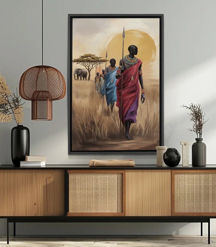 Cuadro Savanna March — guerreros africanos en la sabana con elefante, tonos terracota y beige