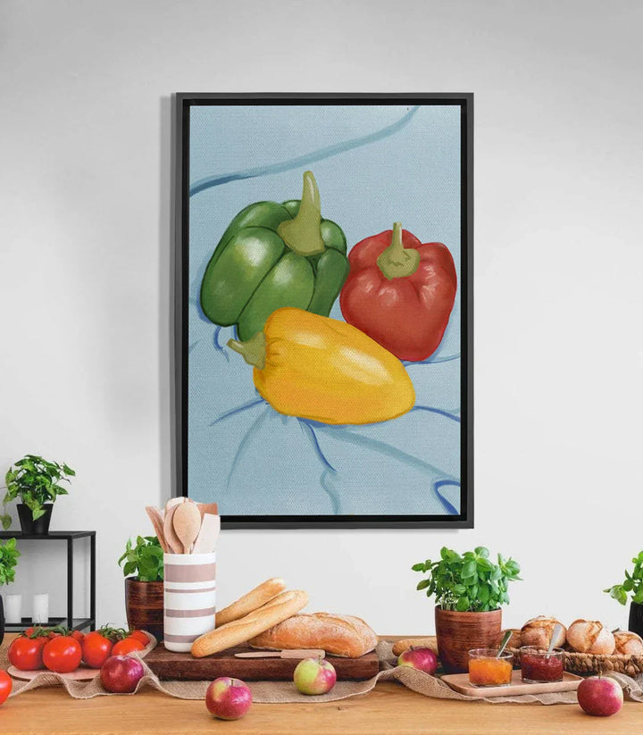 Cuadro Pepper Palette — tres pimientos verde, amarillo y rojo sobre fondo azul, bodegón contemporáneo Massinart