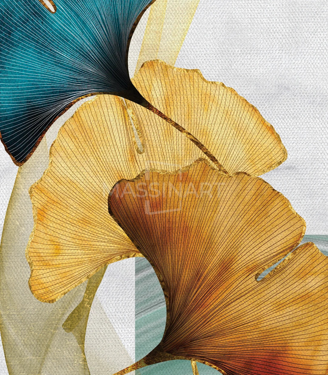 Composición tríptico moderno — hojas de ginkgo abstractas en azul turquesa, Massinart