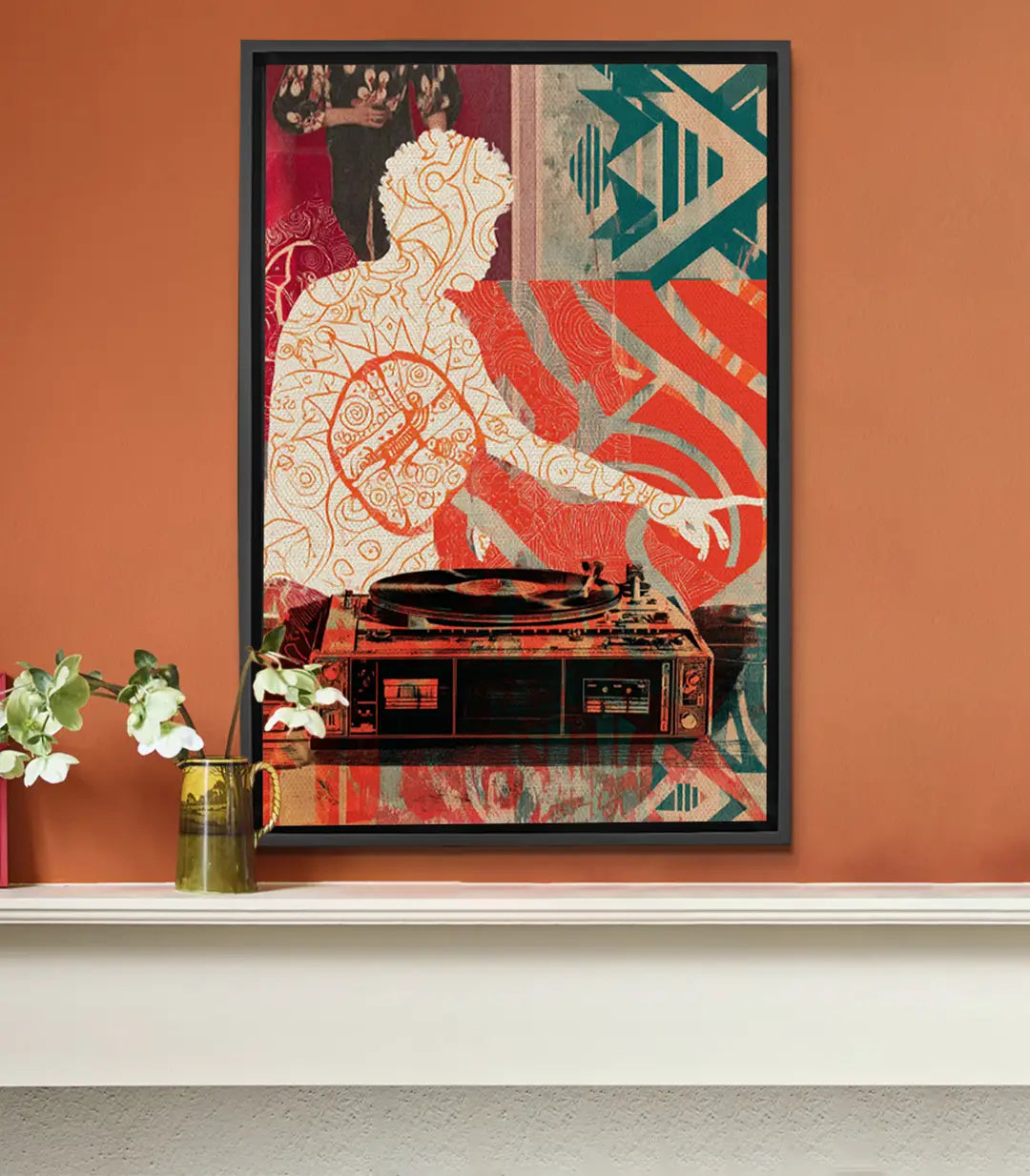 Cuadro Sound Collage Massinart — collage pop-art con tocadiscos, motivos geométricos en rojo, turquesa y beige