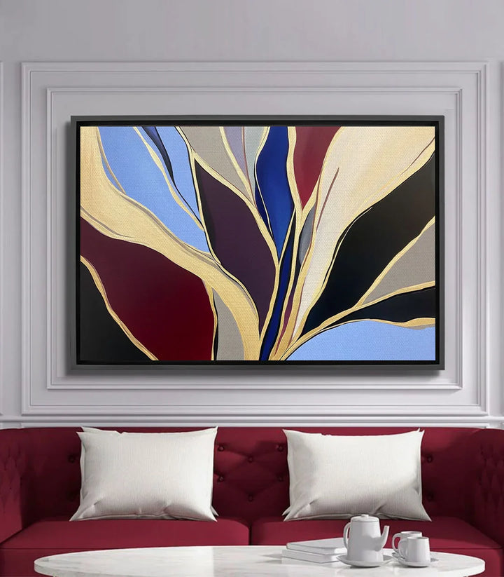 Cuadro abstracto Gildora horizontal — formas orgánicas en dorado, burdeos y negro — Massinart