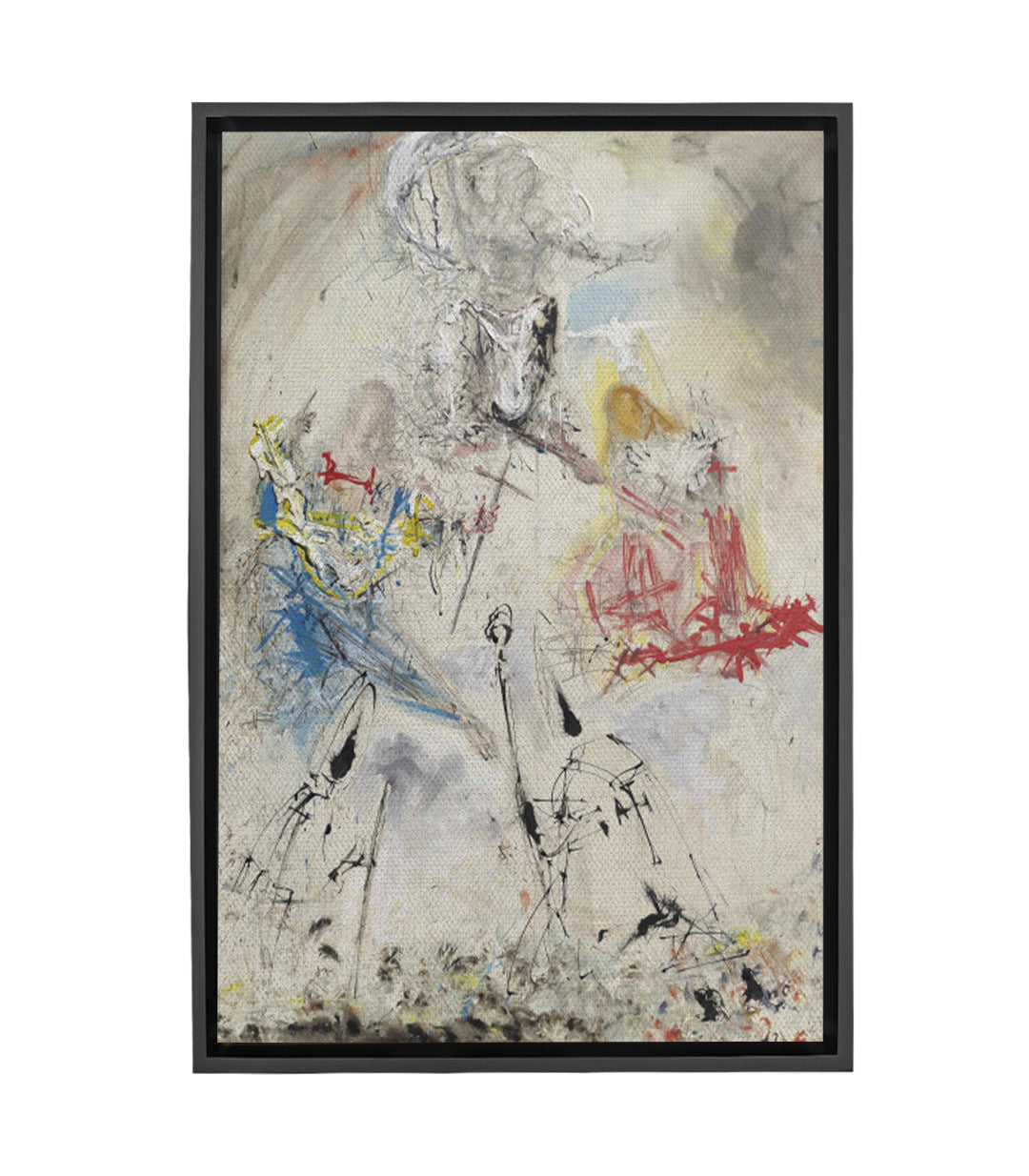 Cuadro La Santísima Trinidad expresionista abstracto, figuras en negro con toques azul rojo y amarillo sobre fondo beige — Massinart