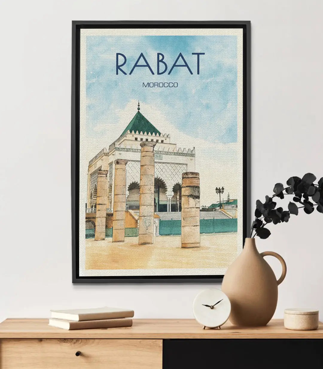 Cuadro Rabat lámina vintage — mezquita y medina marroquí en tonos beige y azul, Massinart