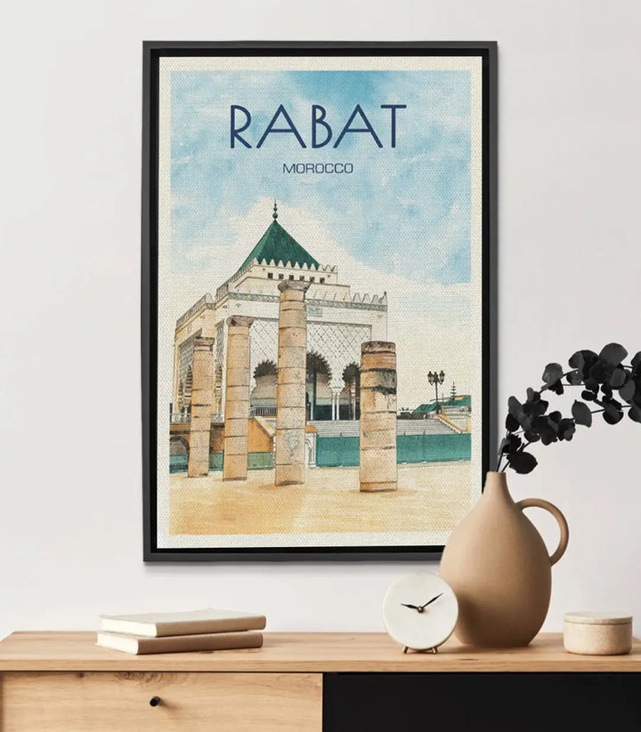 Cuadro Rabat lámina vintage — mezquita y medina marroquí en tonos beige y azul, Massinart