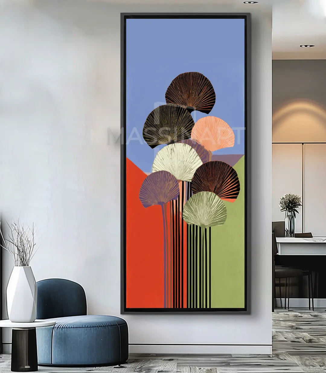 Cuadro abstracto Colored Branches con ramas estilizadas en tonos azul y verde sobre fondo blanco — Massinart