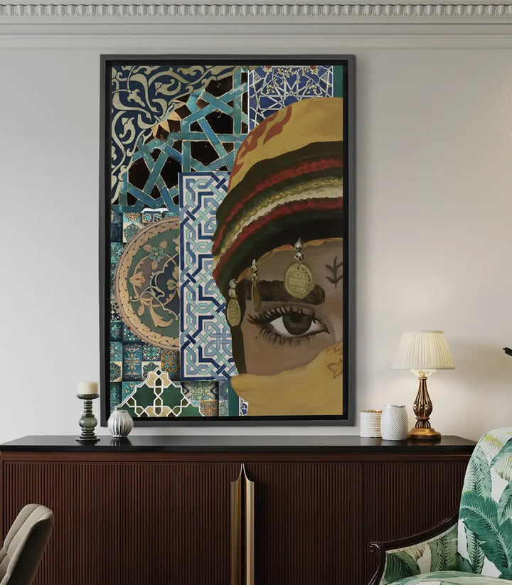 Cuadro Eye of Heritage retrato mujer con motivos zellige en tonos turquesa Massinart