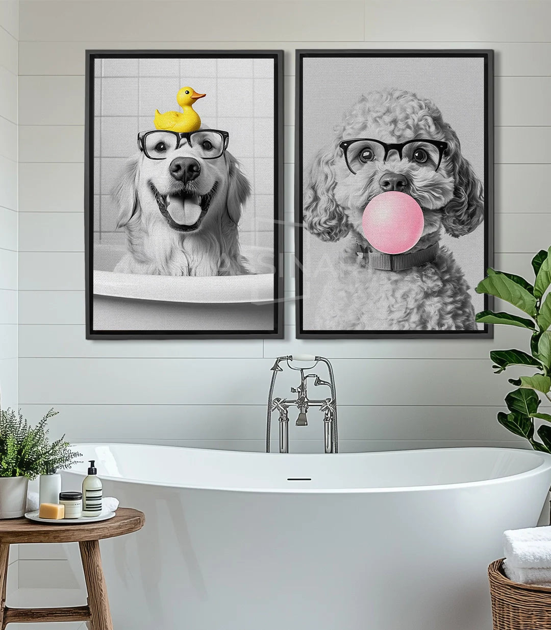 Cuadro decorativo perro con gafas de sol y pato amarillo, estilo photo-art — Massinart