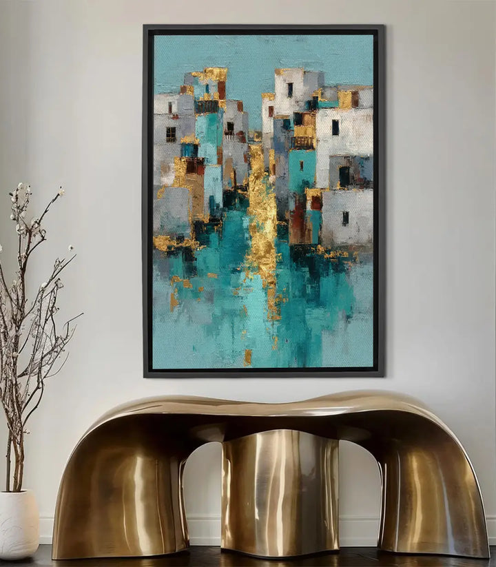 Cuadro Golden Mirage arquitectura marroquí abstracta en dorado y turquesa — Massinart