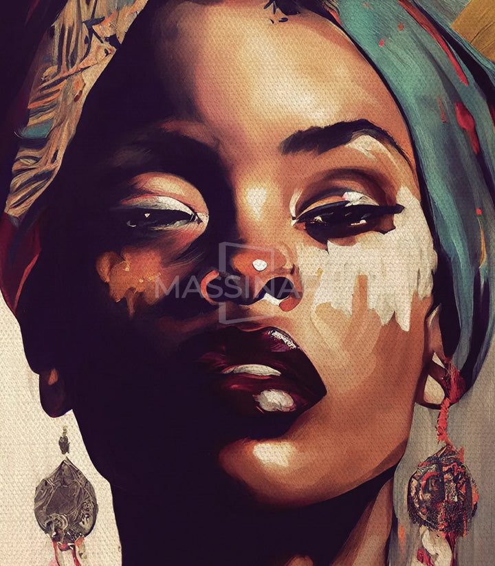 Detalle del cuadro retrato de mujer, expresión serena y pañuelo de colores — Massinart